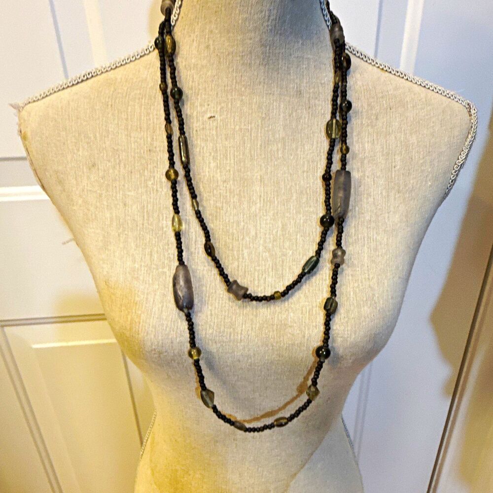 Layered Black & Gray Glass Beaded Necklace, Adjustable, No Clasp, 36+ in